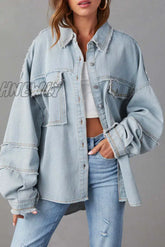 Hnewly - Light Blue Casual Solid Patchwork Turndown Collar Long Sleeve Regular Denim Jacket / S